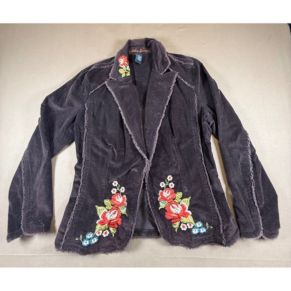 VTG Kikit Jeans Corduroy Jacket Womens L Brown Floral Embroidery Fringe Bohemian - Picture 1 of 13